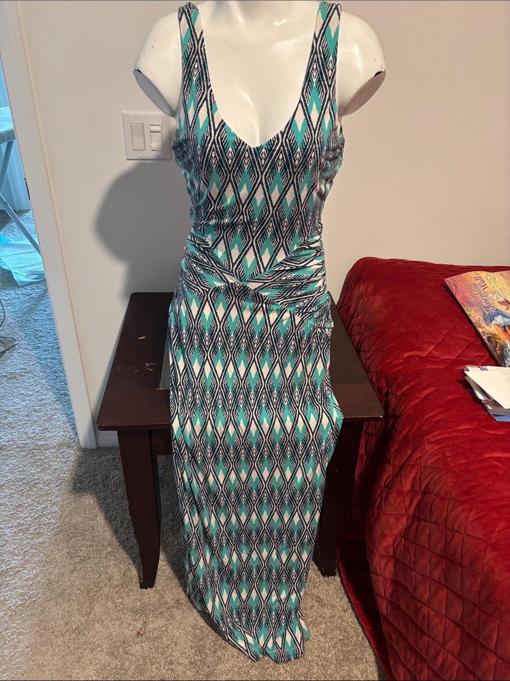 Tart Teal and White Diamond-Print Sleeveless Maxi Dress